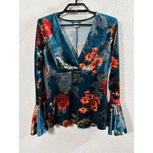 Venus Blouse Womens Small Teal Blue Floral Velvet Bell Sleeve V Neck Boho Top
